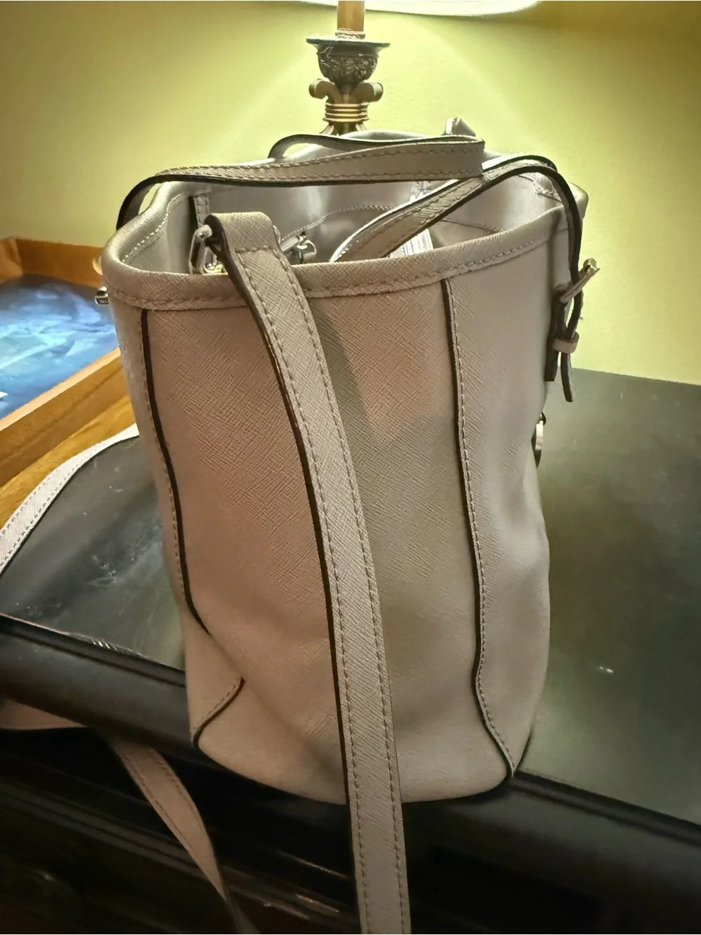 Michael Kors Light Taupe Saffiano Shoulder Tote with MK Charm